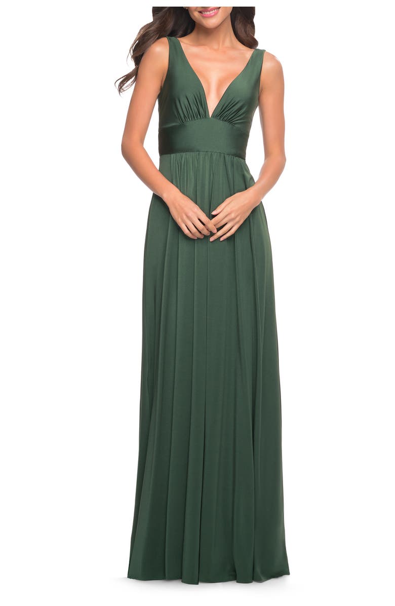 La Femme Empire Waist Gown with Deep V Neckline, Alternate, color, Emerald