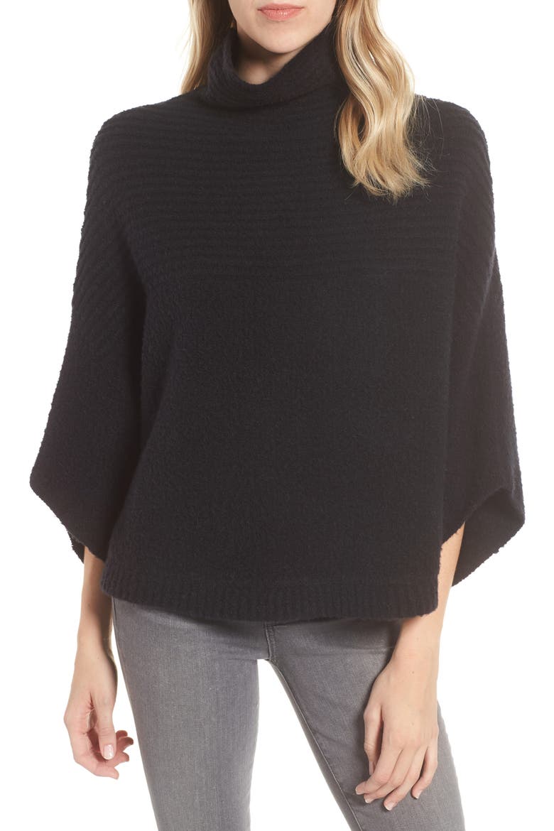 Rib Knit Turtleneck Poncho, Main, color, BLACK