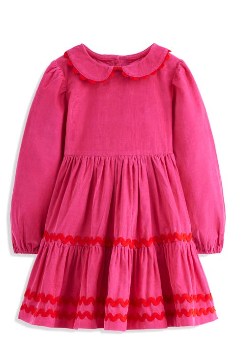 Kids' Rickrack Trim Long Sleeve Tiered Corduroy Dress (Toddler, Little Kid & Big Kid)