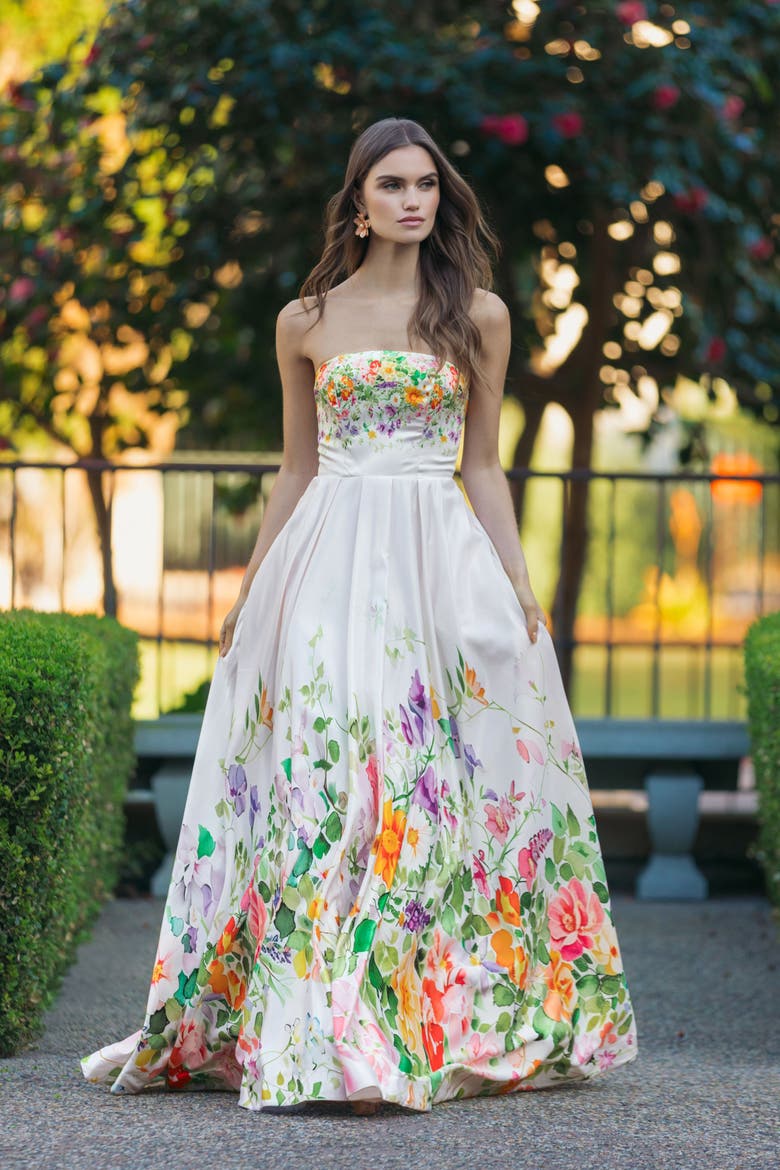 Floral Print Strapless Satin A Line Gown With Pockets, Alternate, color, Ivory Multi