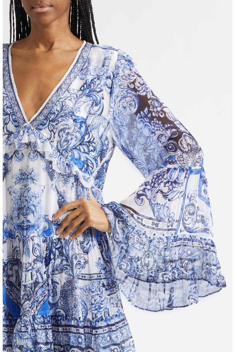 A Tiled Wonderland Print Long Sleeve Tiered Ruffle Silk Chiffon Minidress, Alternate, color, A TILED WONDERLAND