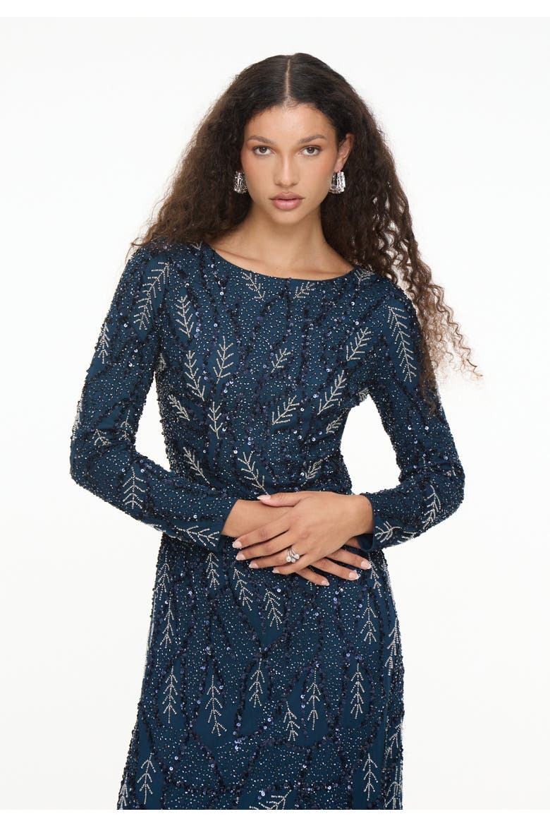 Modest Embellished Sequin Beaded Dress Maxi With Detailed Work, Alternate, color, NAVY