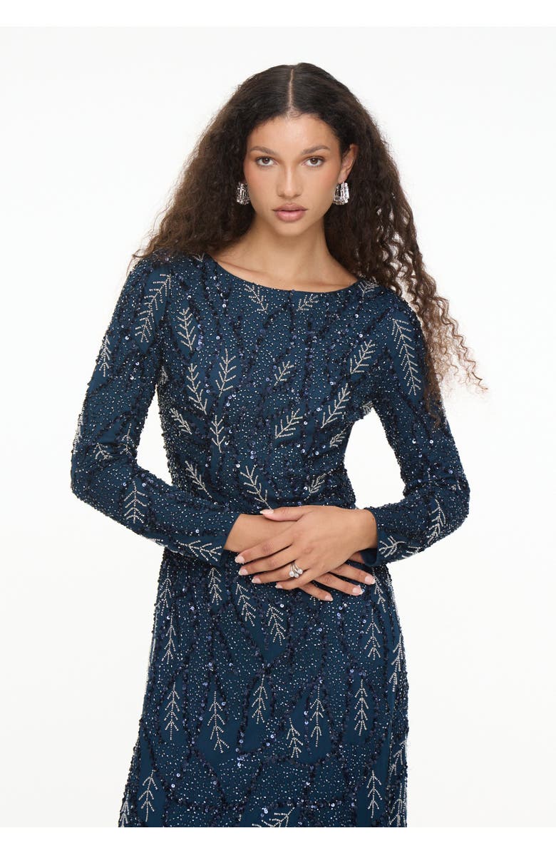 MARYISA Modest Embellished Sequin Beaded Dress Maxi With Detailed Work, Alternate, color, Navy