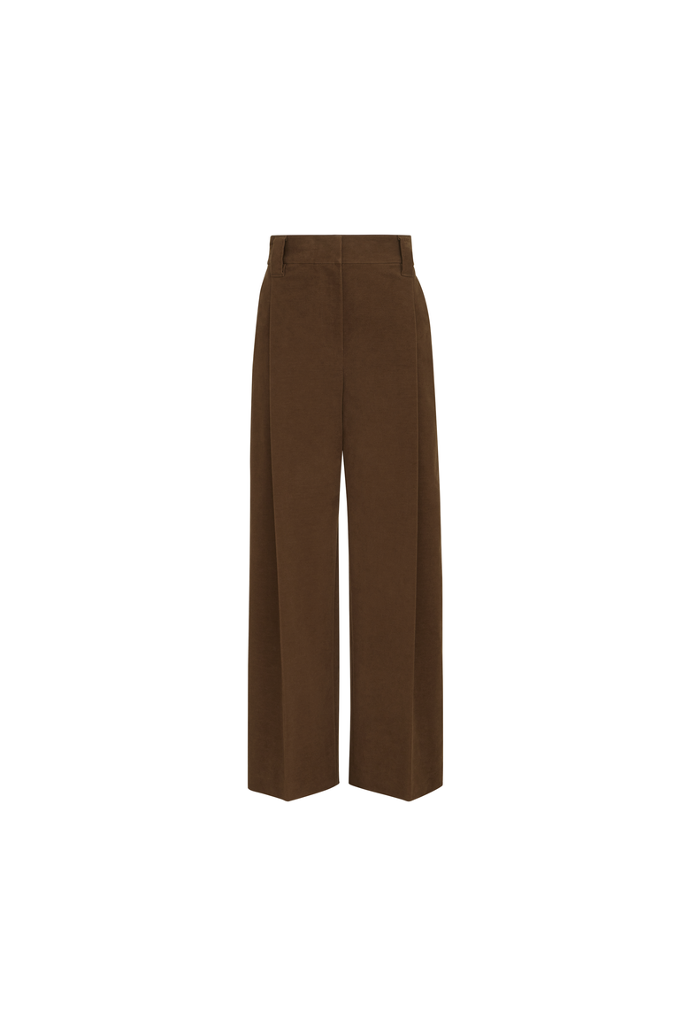 Stretch cotton moleskin loose sartorial trousers with monili, Alternate, color, Chocolate