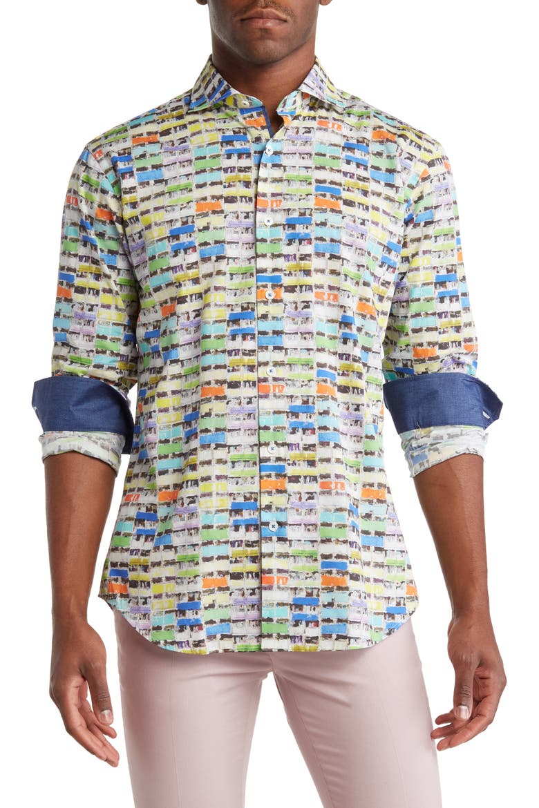 Colorful Button Rug Bugatchi Shaped Fit Color Blocks Print Button-Up Shirt (Men ...