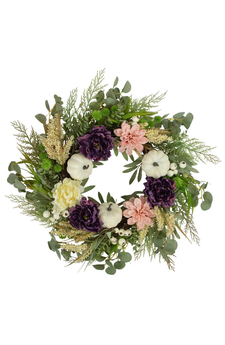 Northlight Peony, Dahlia and Pumpkins Artificial Floral Fall Harvest Wreath - 24", Main, color, 