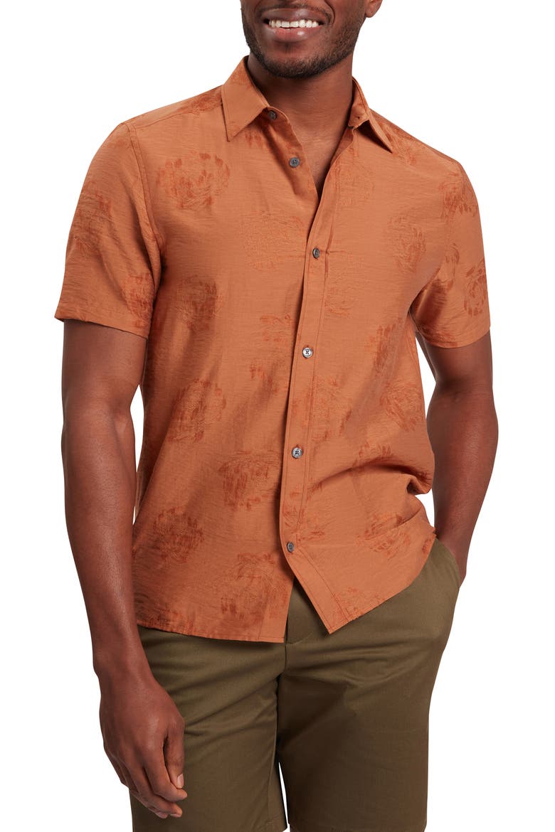 Fabiane Floral Jacquard Short Sleeve Button-Up Shirt, Main, color, BROWN-RED