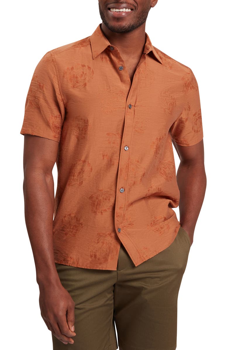 Ted Baker Fabiane Floral Jacquard Short Sleeve Button-Up Shirt, Main, color, Brown-Red