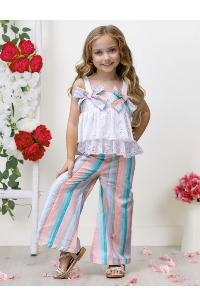Mia Belle Girls Coastal Boho Lace Top and Palazzo Pant Set, Alternate, color, White