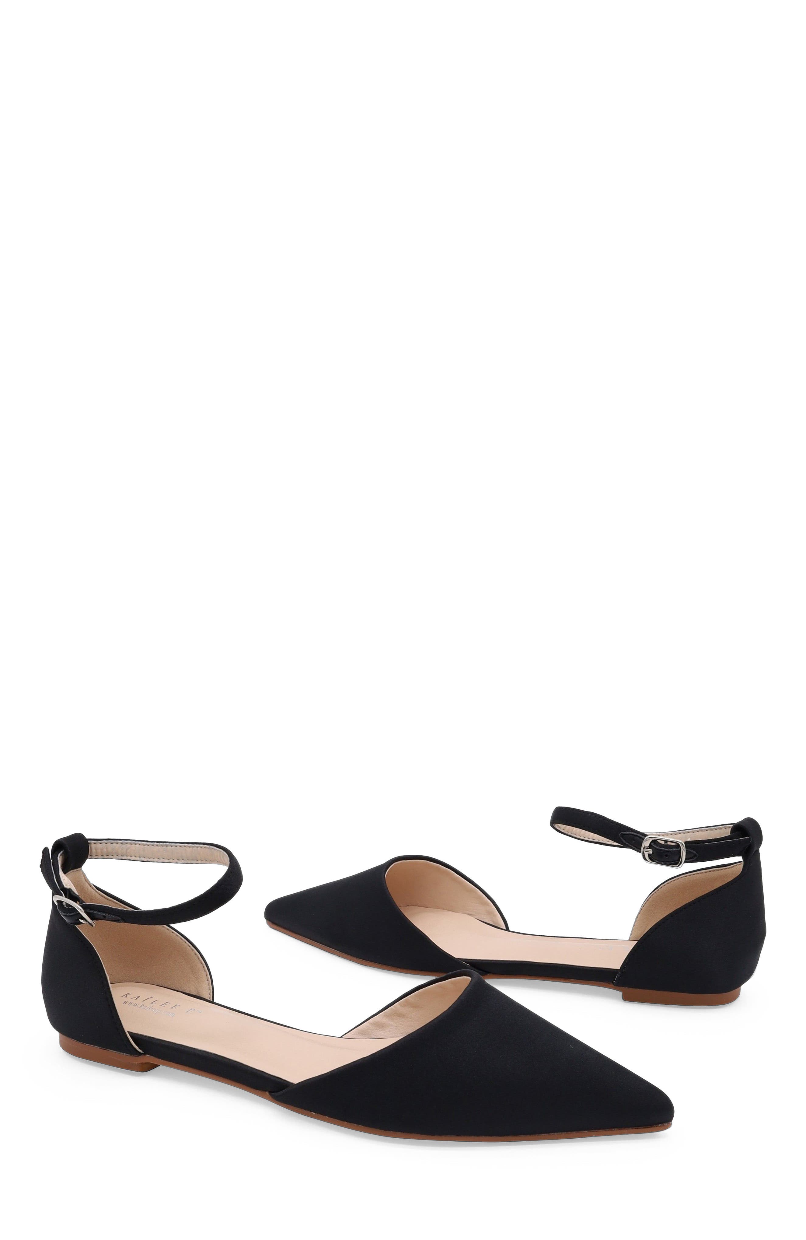 Kailee P Bella Satin Pointy Toe Flats with Ankle Strap, Alternate, color, Black