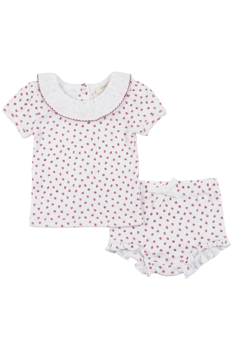 Pointelle with Flower Print Short Set with Ruffle Collar Top, Main, color, White/Red