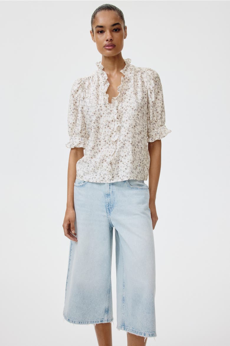 Ruffled Puff-sleeved Blouse, Alternate, color, Cream/floral