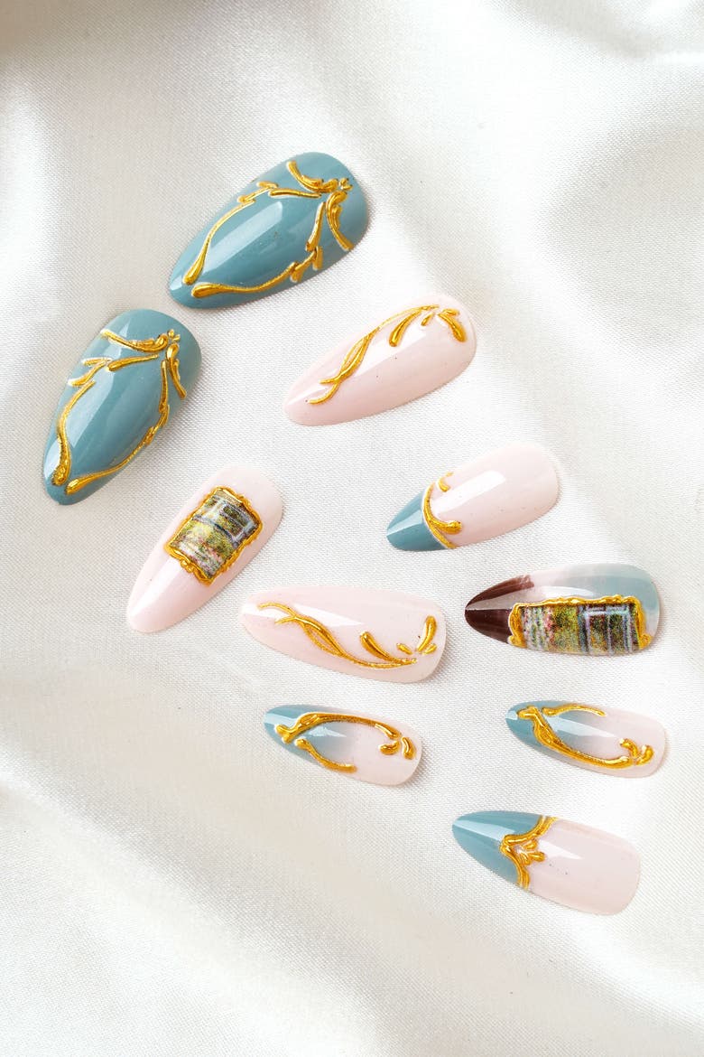 Claude Monet Bridge Over A Pond Of Water Lilies Almond Press On Nails, Alternate, color, Blue
