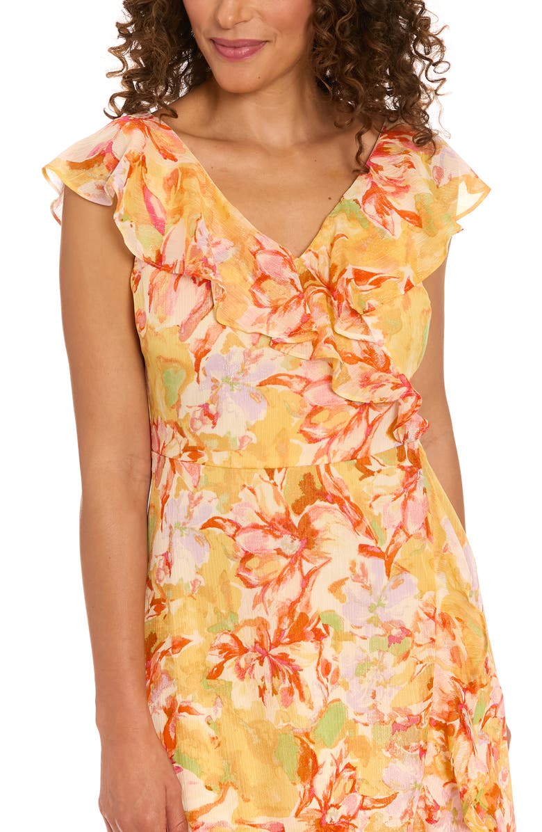 London Times Floral Ruffle Maxi Dress, Alternate, color, Yellow Pink
