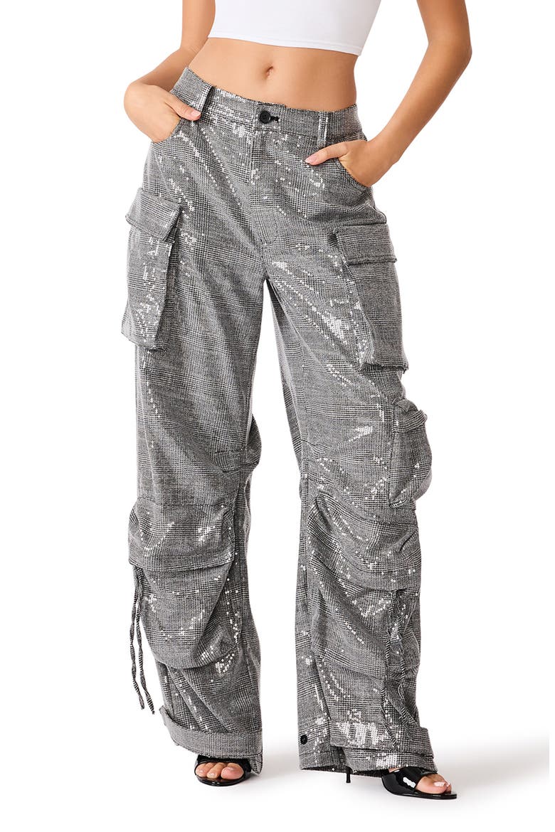 Duo Plaid Sequin Cargo Pants, Main, color, BLCK PLAID