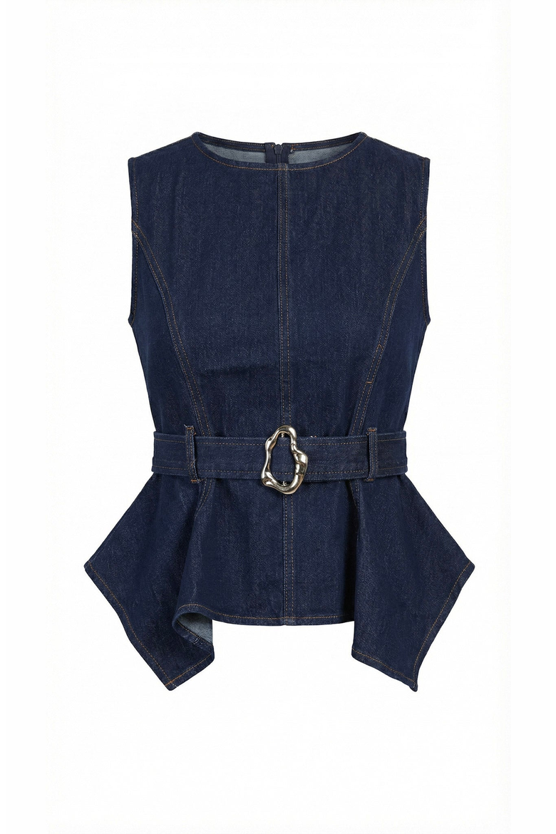 Belted Denim Peplum Top, Alternate, color, Navy