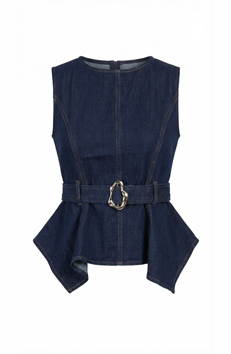 Modenaire Belted Denim Peplum Top, Alternate, color, Navy
