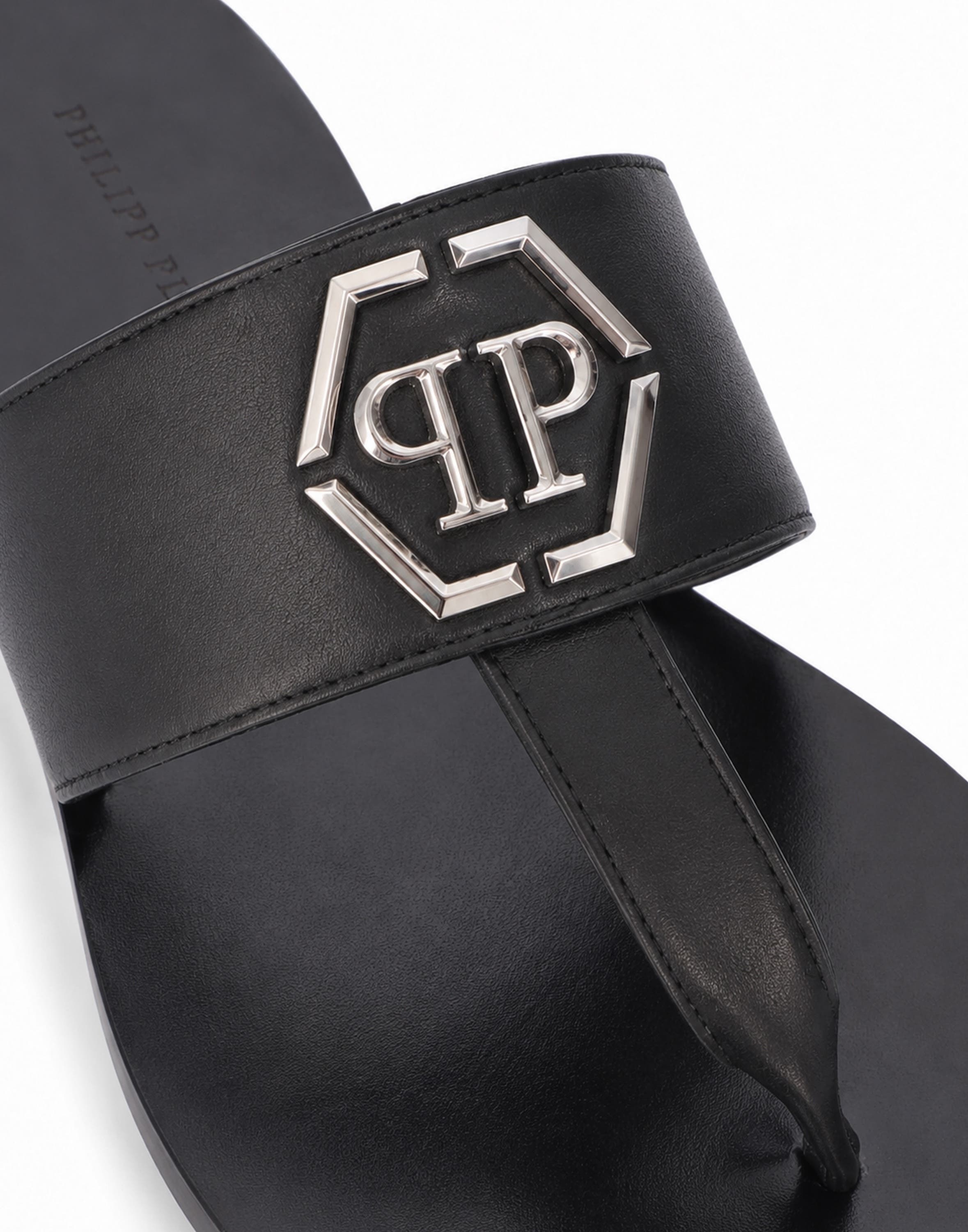 Leather Flat Sandals Hexagon Men, Alternate, color, black
