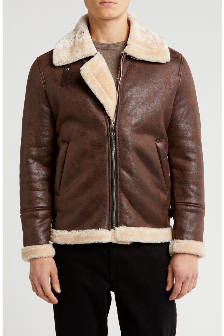 Faux Shearling Lined Bomber Jacket, Main, color, DARK BROWN