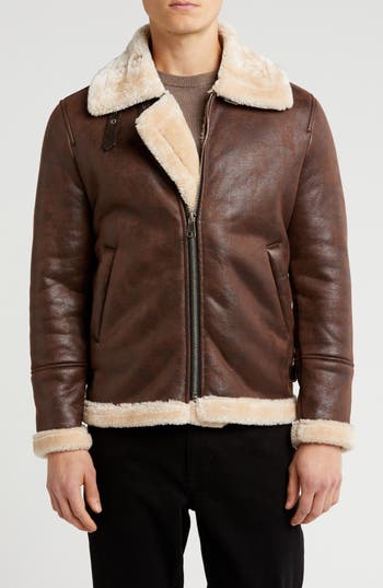 Braveman Faux Shearling Lined Bomber Jacket In Dark Brown