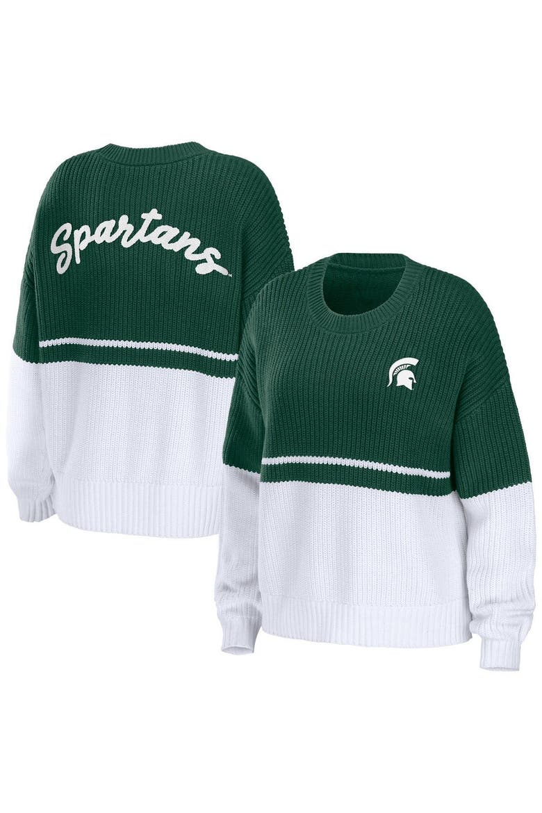 Women's WEAR by Erin Andrews Green/White Michigan State Spartans Boucle Jacquard Patch Chunky Sweater, Main, color, Hunter Green