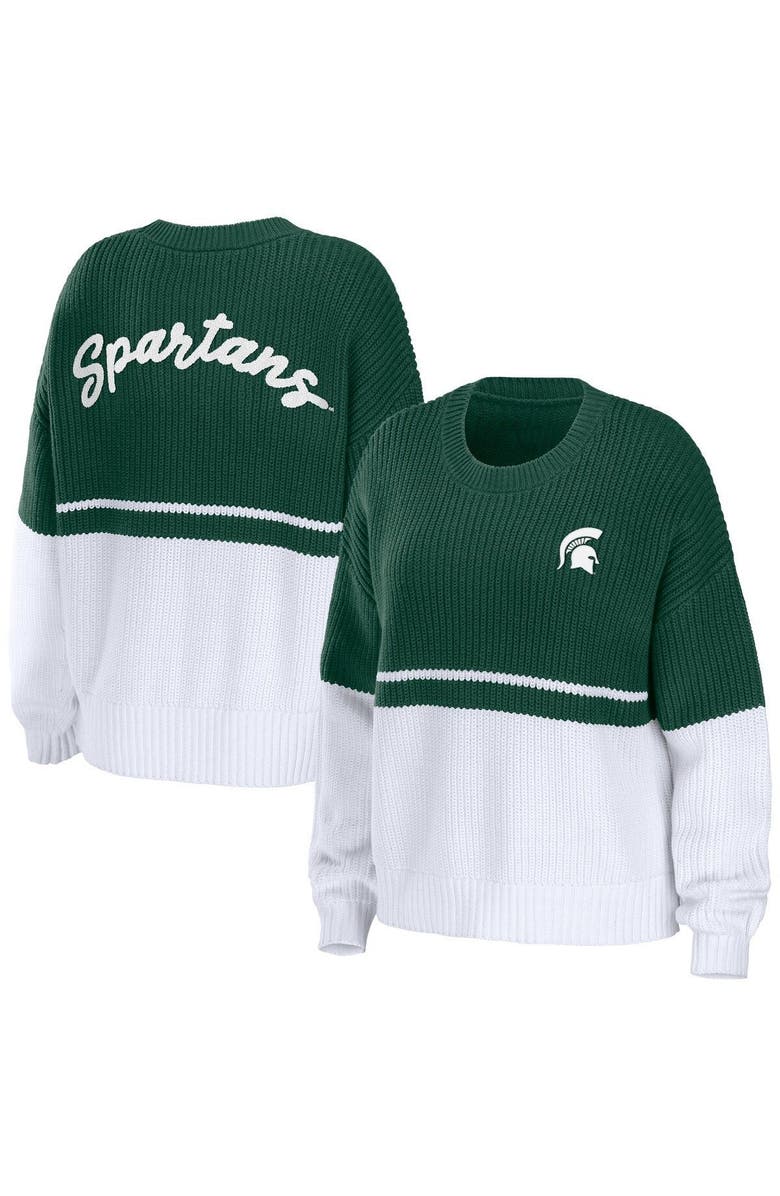 WEAR by Erin Andrews Women's WEAR by Erin Andrews Green/White Michigan State Spartans Boucle Jacquard Patch Chunky Sweater, Main, color, 
