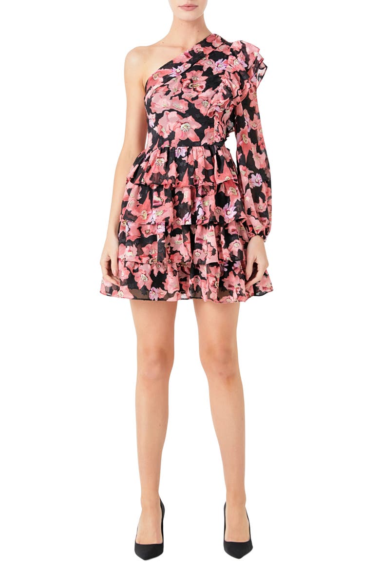 Floral One-Shoulder Single Long Sleeve Chiffon Minidress, Main, color, BLACK/ PINK