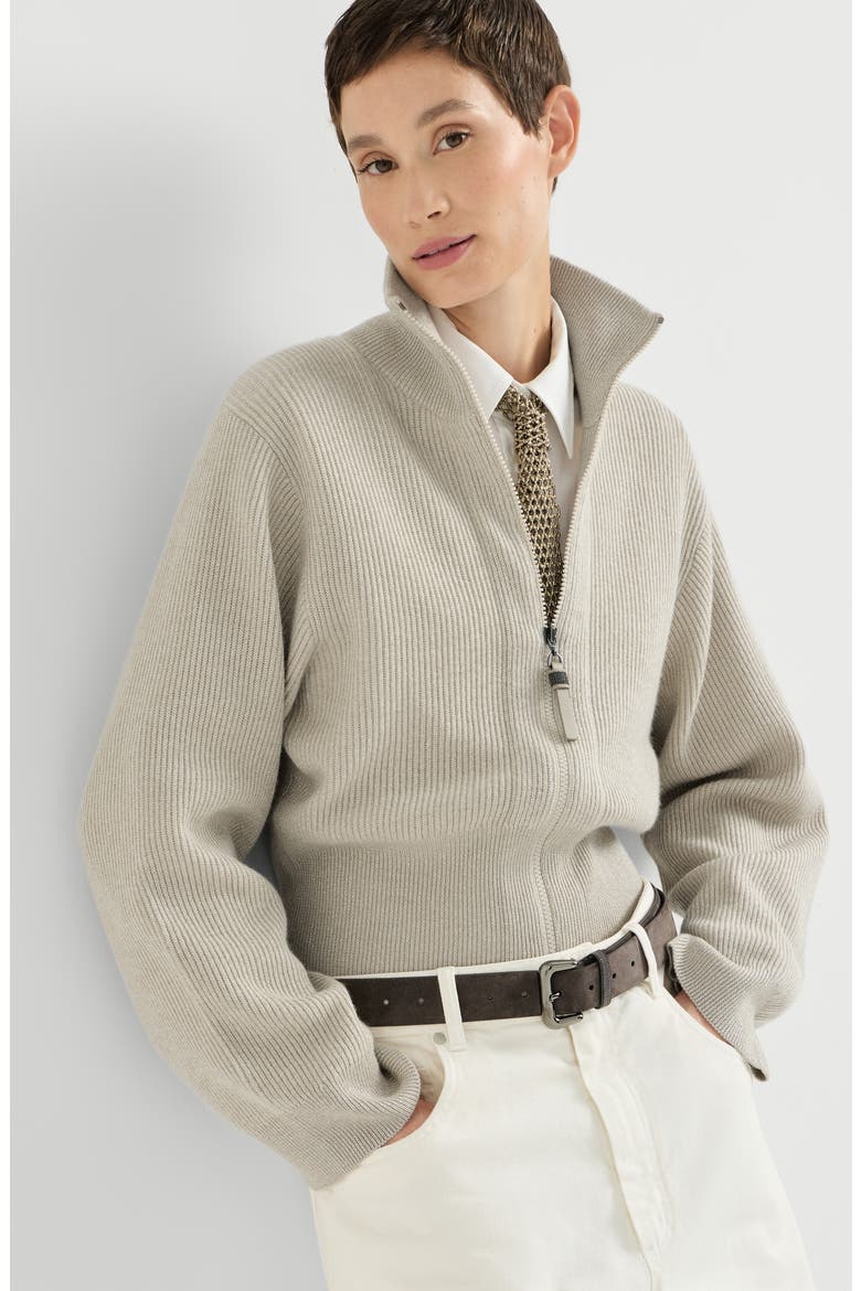 Sparkling cashmere English rib cardigan with shiny zipper pull, Alternate, color, Sand