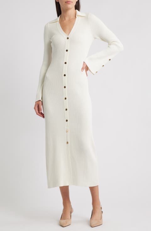 Collar Long Sleeve Rib Maxi Sweater Dress