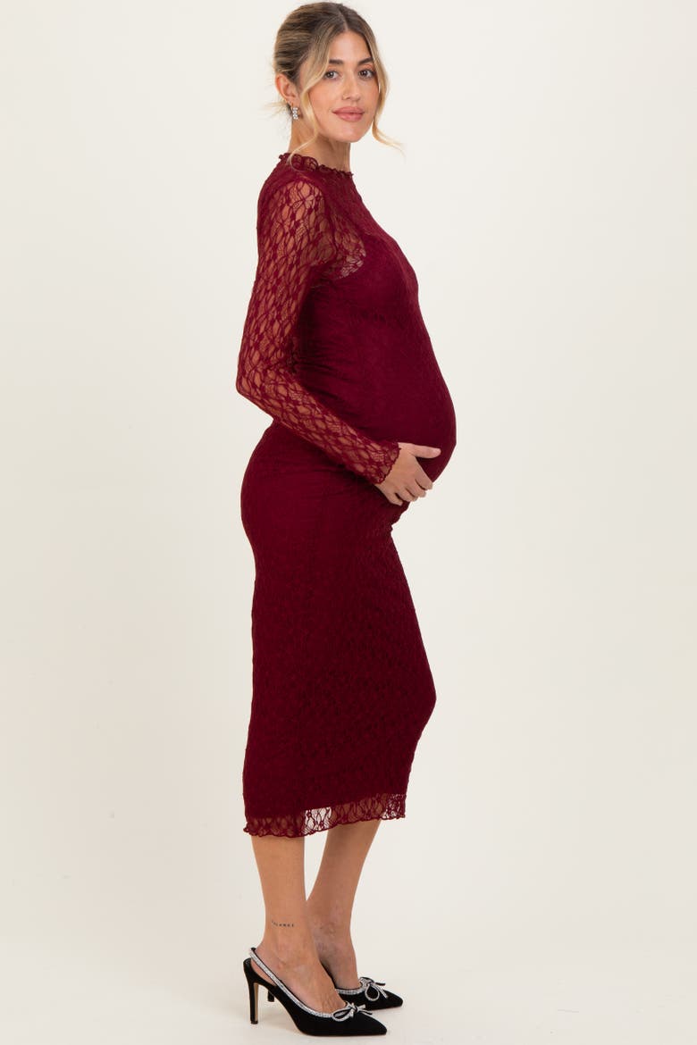 Lace Overlay Fitted Midi Dress, Alternate, color, Burgundy