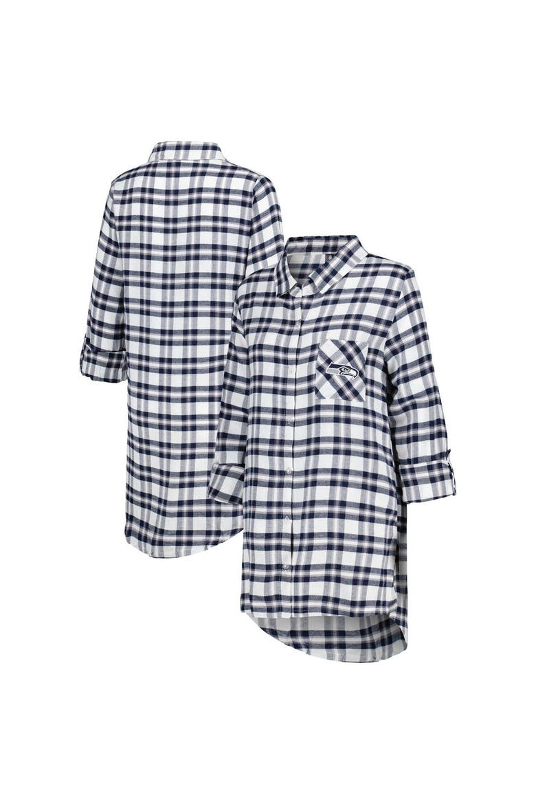 Women's Concepts Sport College Navy Seattle Seahawks Sienna Plaid Full-Button Long Sleeve Nightshirt, Main, color, Navy