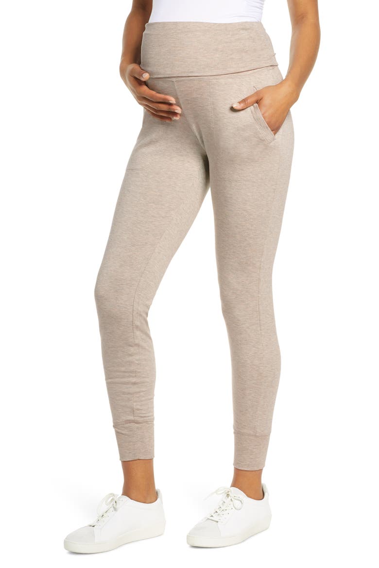 Cozy Fleece Foldover Maternity Joggers, Main, color, OATMEAL HEATHER