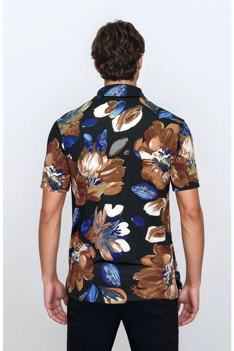 Wrinkle Resistant 3 Button Brown Floral Polo Shirt, Alternate, color, Blue Multi