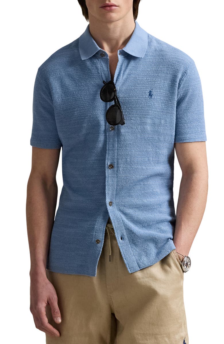 Polo Ralph Lauren Textured Short Sleeve Cotton & Linen Button-Up Shirt, Main, color, 