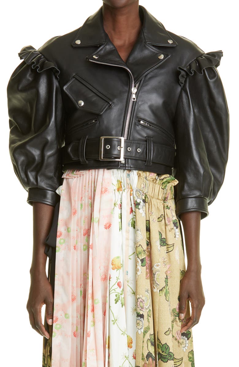 Simone Rocha Puff Sleeve Leather Crop Biker Jacket, Main, color, 