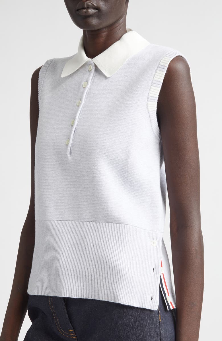 Thom Browne 4-Bar Sleeveless Milano Knit Cotton Polo, Alternate, color, Pale Grey
