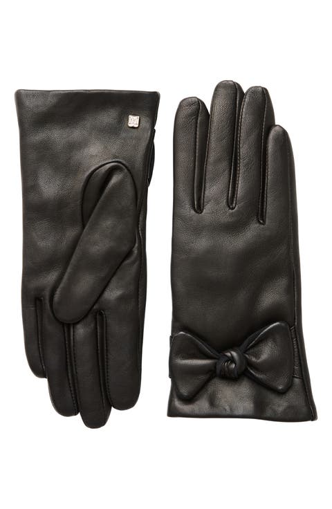 Cashmere Lined Leather Bow Gloves