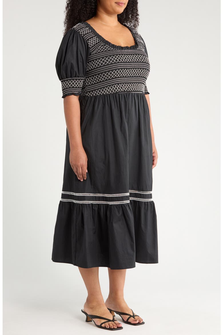 Carlene Smocked Midi Dress, Alternate, color, BLACK