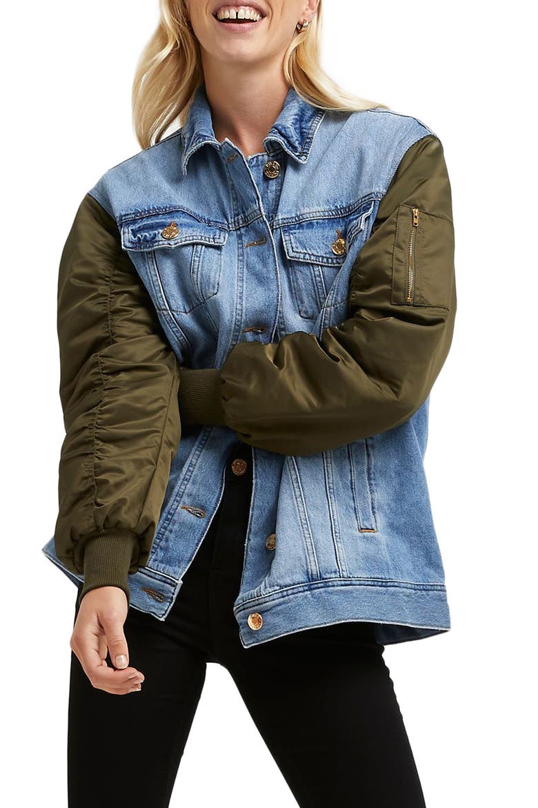 Hybrid Denim Bomber Jacket, Main, color, MED DENIM