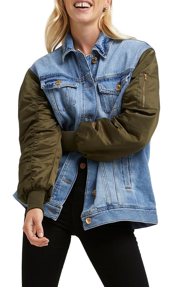 River Island Hybrid Denim Bomber Jacket, Main, color, 