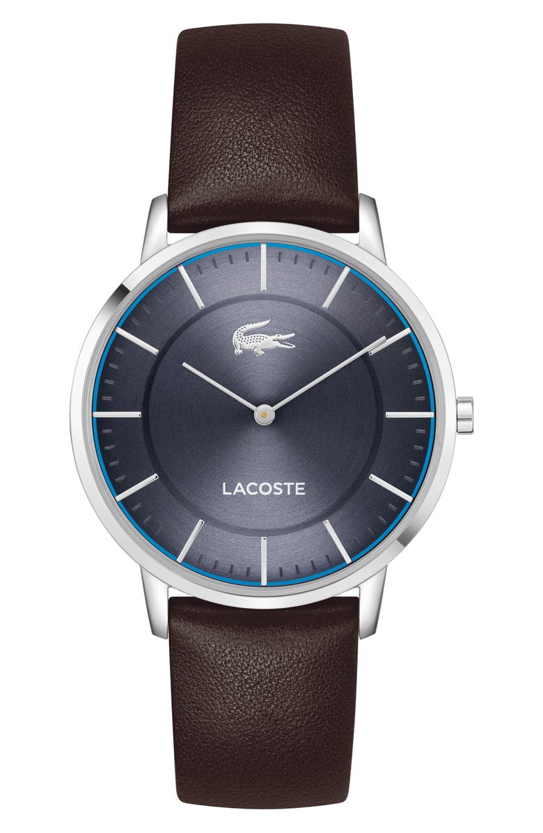 Lacoste Crocorigin Navy Leather Strap Watch, 40mm, Main, color, Brown