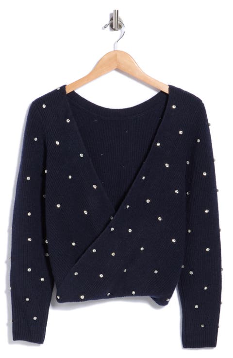 Embellished V-Wrap Back Cashmere Sweater