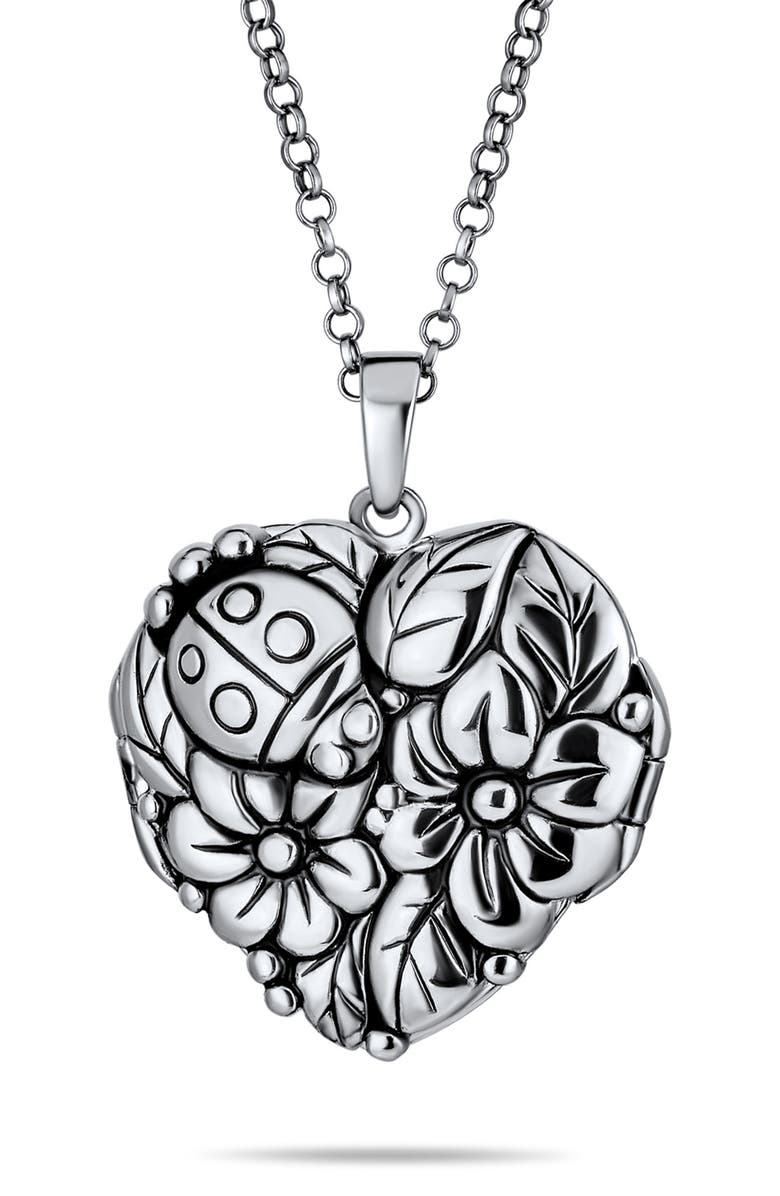 BLING JEWELRY Rhodium Plated Sterling Silver Floral Ladybug Heart Locket Necklace, Main, color,