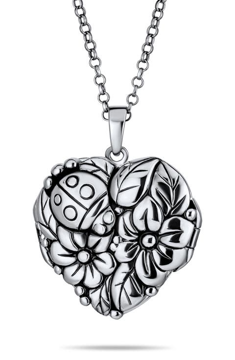 Rhodium Plated Sterling Silver Floral Ladybug Heart Locket Necklace