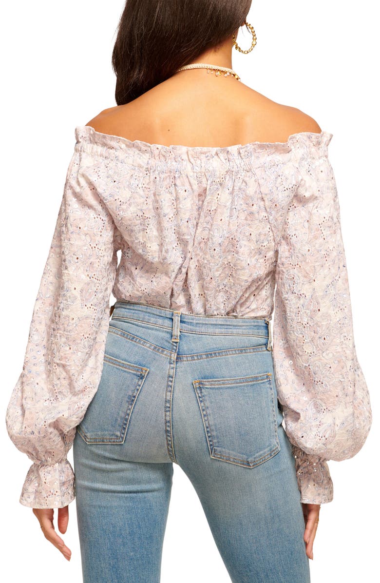 Ramy Brook Camila Eyelet Off the Shoulder Top, Alternate, color, Flax Printed Sequin