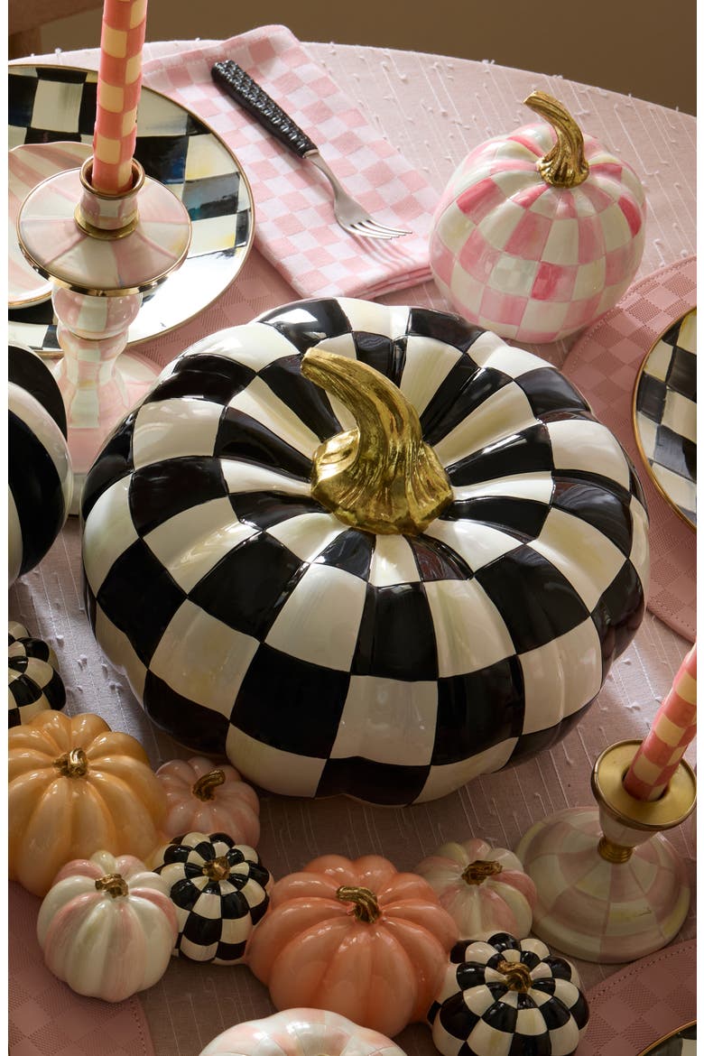 Courtly Check Squashed Glossy Pumpkin Ornament, Alternate, color, BLACK