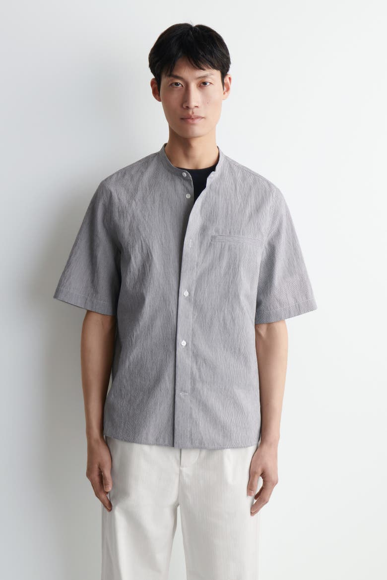 Grandad-collar Short-sleeved Shirt, Main, color, BLUE / WHITE / STRIPED