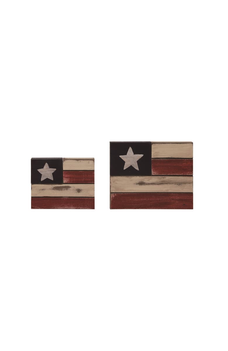 Transpac Wood 7.8 Inch Multicolor Patriotic American Flag Block Decor Set of 2 for July 4th Celebrations, Main, color, Multicolored