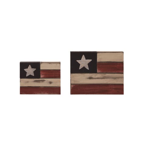 Wood 7.8 Inch Multicolor Patriotic American Flag Block Decor Set of 2 for July 4th Celebrations