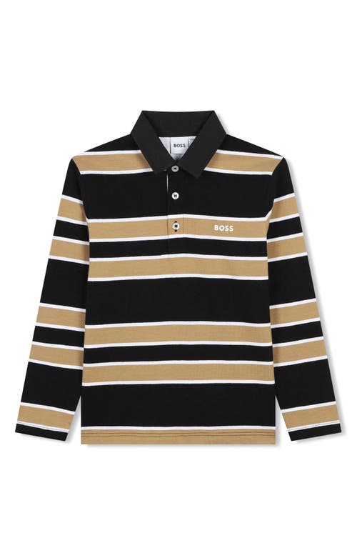 BOSS Kidswear Kids' Stripe Long Sleeve Cotton Polo in Black 